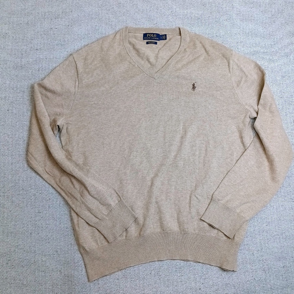 Polo Ralph Lauren V-Neck Sweater Mens L Tan Beige Excellent Pima Cotton Pony